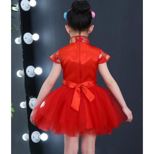 Chinese folk dance dresses  princess dress for girls kids China red dragon style show chorus stage performance dress costumes